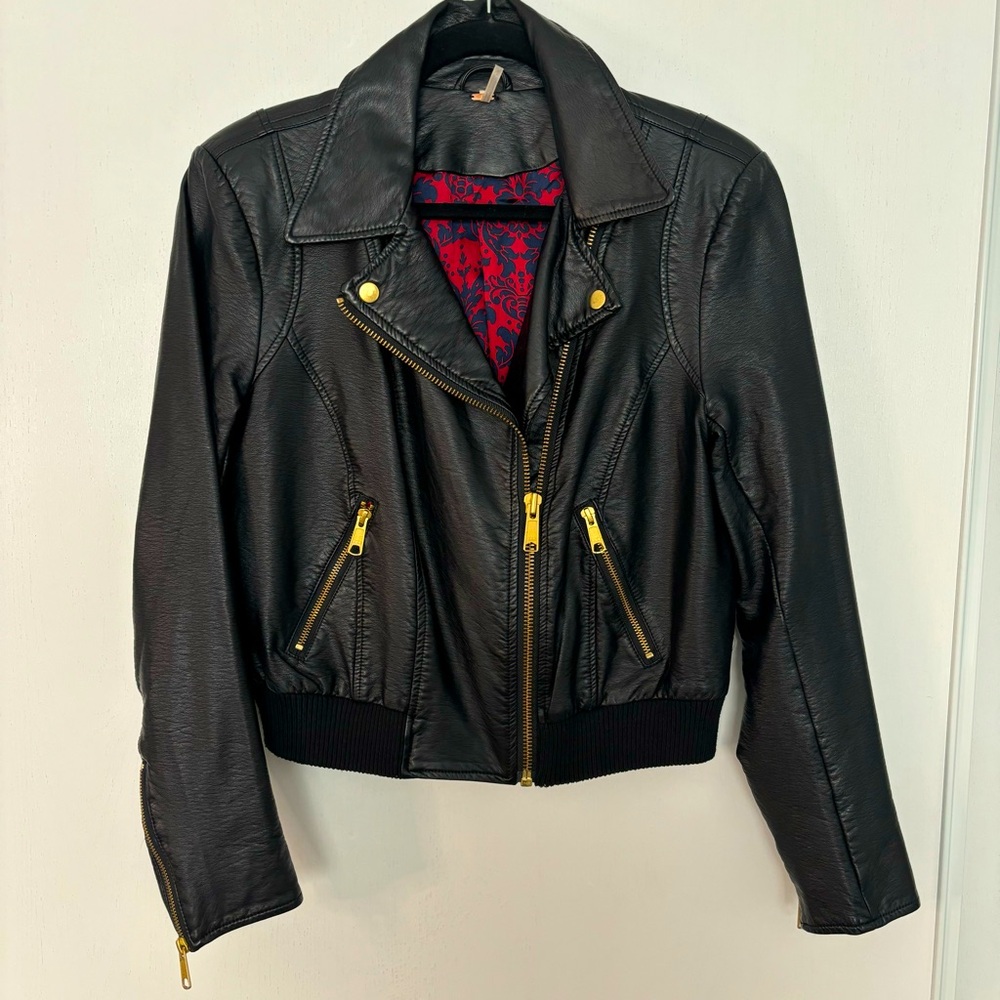 Free People Vegan leather Jacket w/ Gold Hardware. Size Small, Black